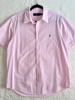 Polo Ralph Lauren Button Down Shirt Men’s Large Pink Stripe Seersucker Preppy